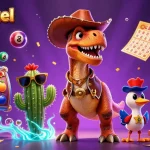 Experience popotogel excitement with vibrant casino elements and characters celebrating wins.