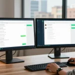 Using WhatsApp電腦版 on a desktop in a modern workspace with dual monitors.
