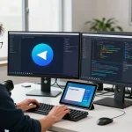 Dynamic workspace showcasing Telegram下载 coding and development tools in a vibrant tech environment.