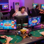 Exciting yo88 online gaming moment with players immersed in card games and vibrant graphics in a modern home office.