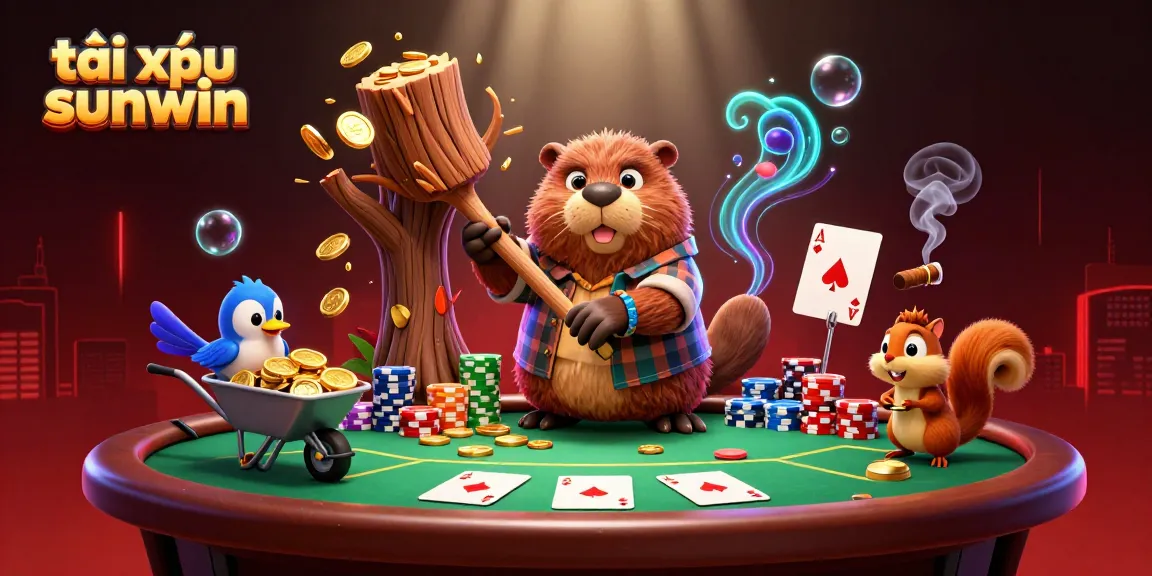 Tài xỉu sunwin showcases a dynamic scene with cartoon characters collecting coins and engaging in poker.
