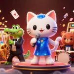 Alo8 players enjoy vibrant casino action with a singing cat, jazzy crocodile, and bear cub in a lively scene