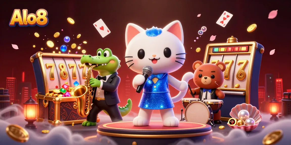 Alo8 players enjoy vibrant casino action with a singing cat, jazzy crocodile, and bear cub in a lively scene