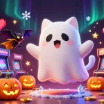 Experience thrilling gaming action with cakhia link, featuring a ghost cat, vampire bat, and vibrant casino elements.