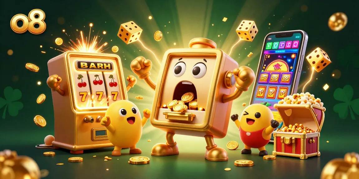 o8's animated slot machine celebrates a jackpot event, surrounded by cheering machines and gold confetti.