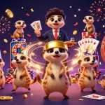 Experience the excitement of popotogel with adorable meerkats in a dynamic casino scene featuring slot machines and card games.