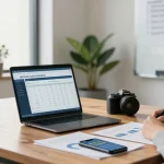 Calculating finances with a merchant cash advance calculator in a professional workspace.