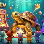 Experience the thrill of betting with okwintv in a lively casino scene featuring a golden tortoise and slot machines.
