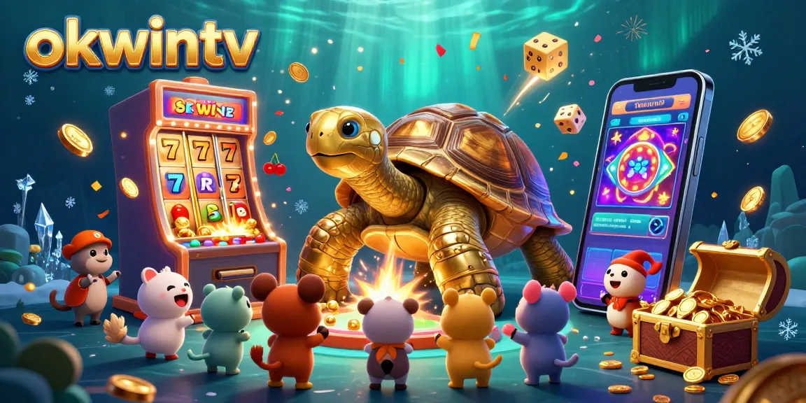 Experience the thrill of betting with okwintv in a lively casino scene featuring a golden tortoise and slot machines.