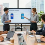 Team collaborating on business mobile comparison UK in modern office