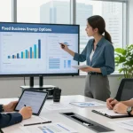 Team collaborating on fixed business energy solutions in a modern office setting, analyzing cost savings and data together.