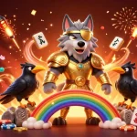 Immerse in the nk88 trang chủ experience with Odin and ravens on a vibrant casino-themed rainbow bridge.