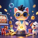 tr88-themed casino scene showcasing a mad scientist cat creating gold coins with fireworks and slot machines.