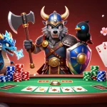 Experience Casino ee88 with epic battles between a Viking wolf warrior, dragon, and poker elements.