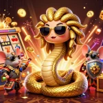 Experience big wins at 1da88 with Medusa and warrior mouse amidst a vibrant slot machine scene.