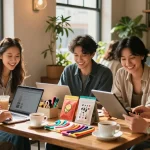 Friends enjoying the rokok88 login process while browsing local products at a café.