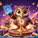 Enjoy thrilling games at Sky88 with 3D owl and mouse in a vibrant, magical casino scene.