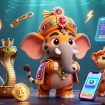 Engage in crypto gambling with debet featuring a maharaja and elephant in a vibrant casino scene.