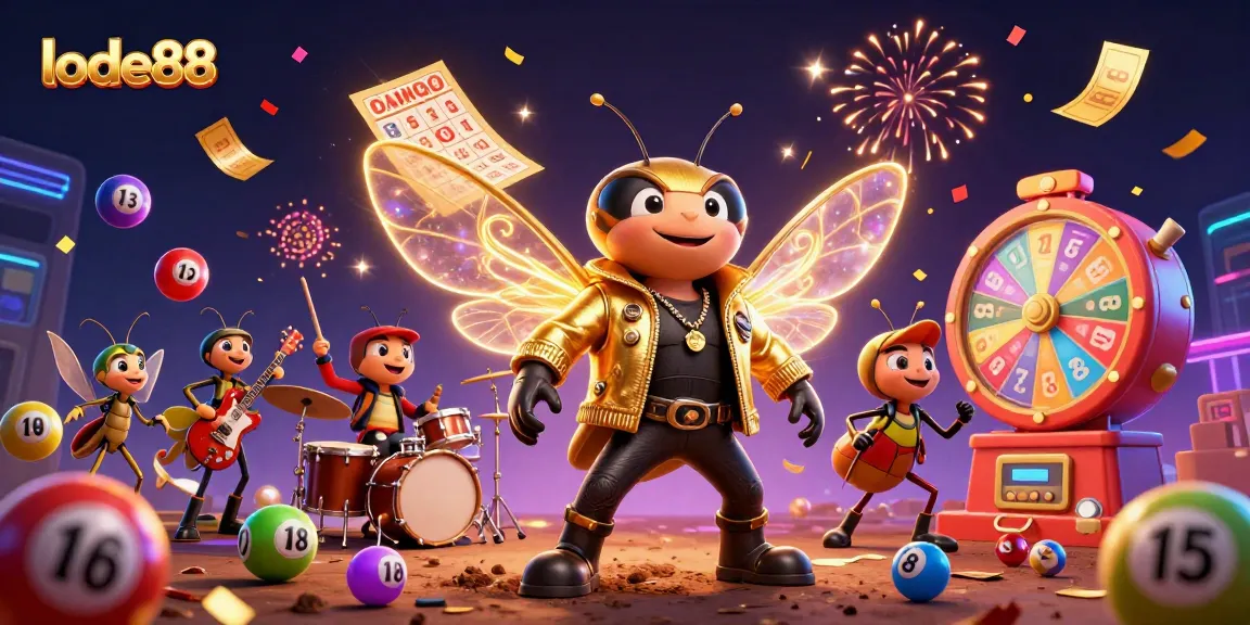 Experience the excitement of lode88 with a vibrant 3D illustration featuring a cicada rock star among lottery elements.