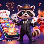 Experience thrilling action with 1da88 as a raccoon and companions celebrate winning hands in this vibrant casino scene.