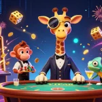 Experience the excitement of Casino tx88 with a vibrant 3D scene featuring a high-roller giraffe at a bustling poker table.
