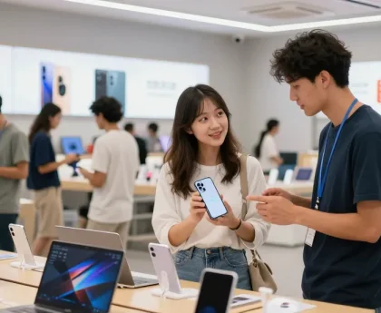 Shoppers exploring rokok88 online products in a vibrant tech retail environment, featuring interactive displays and engaging staff.