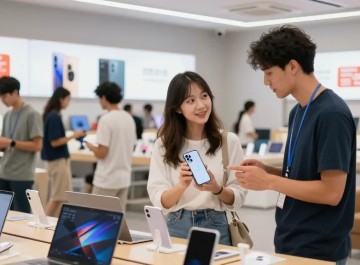 Shoppers exploring rokok88 online products in a vibrant tech retail environment, featuring interactive displays and engaging staff.