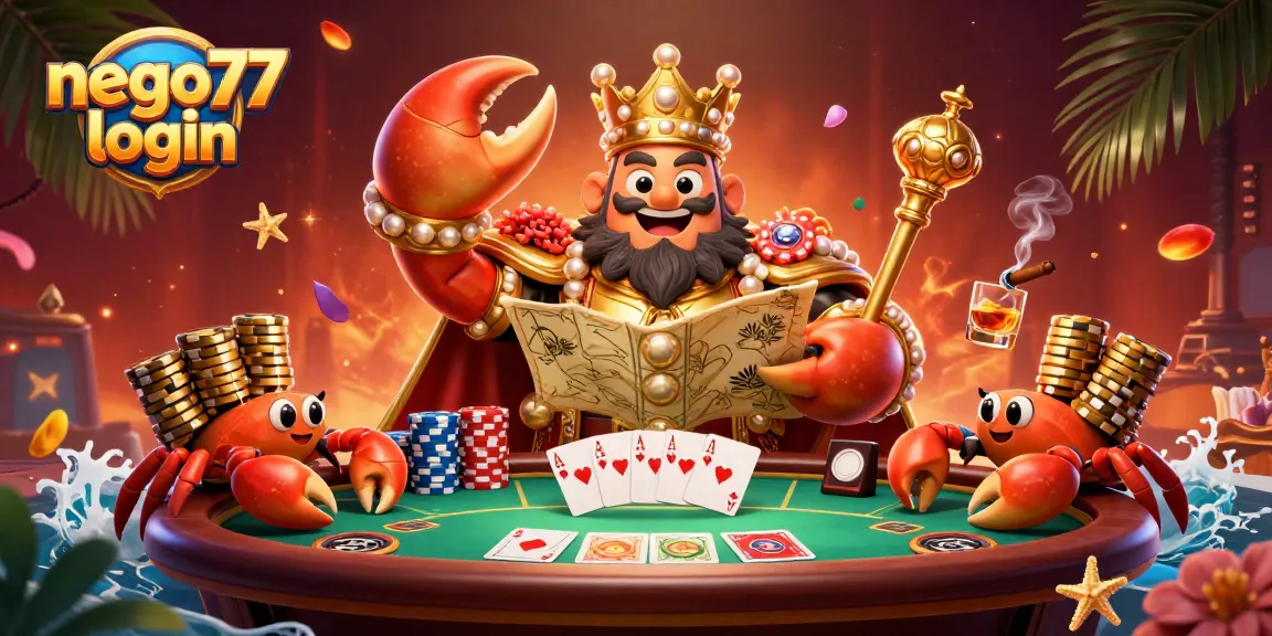 Engage with exciting gaming moments at nego77 login, featuring a golden crab emperor and vibrant poker elements.