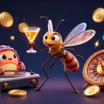 Experience zbet's vibrant casino atmosphere with a lively mosquito mascot and trilobite DJ under neon lights.