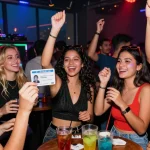 Group celebrating at a club with Club21ids fake ID in hand, showcasing vibrant nightlife.