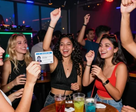 Group celebrating at a club with Club21ids fake ID in hand, showcasing vibrant nightlife.