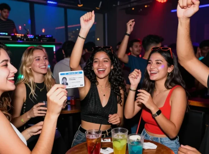 Group celebrating at a club with Club21ids fake ID in hand, showcasing vibrant nightlife.