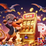 RR88 rewards players as a pachycephalosaurus wins coins from the jackpot slot machine in a vibrant casino.