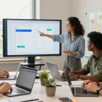 Build internal tools with AI in a vibrant office space showcasing teamwork and innovative software solutions.