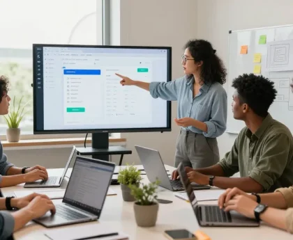 Build internal tools with AI in a vibrant office space showcasing teamwork and innovative software solutions.