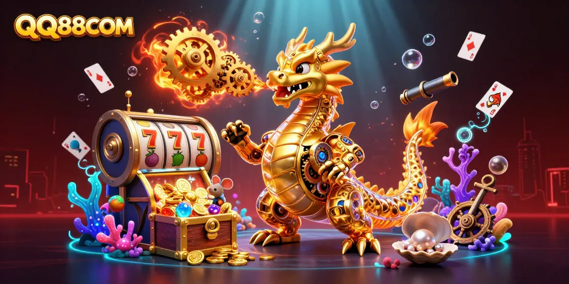 Experience thrilling gameplay with QQ88COM's vibrant casino scene showcasing a golden dragon and slot elements.