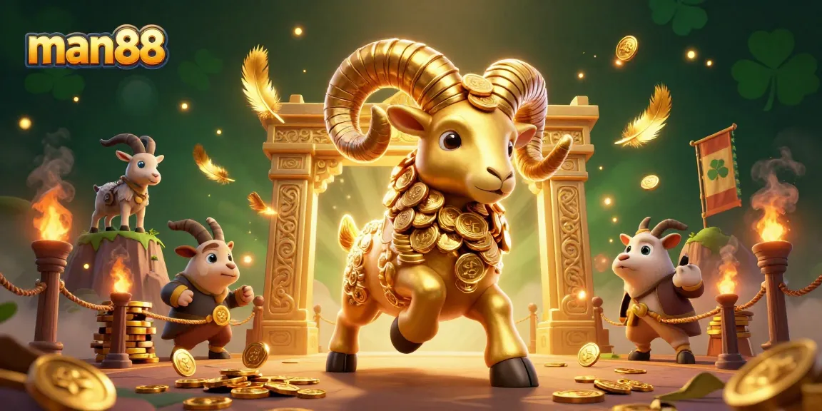 Engage with man88 as the golden ram charges through a vibrant casino atmosphere filled with excitement.