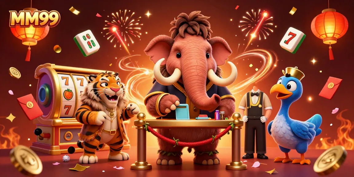 Join the excitement at MM99 with a vibrant 3D casino illustration showcasing fun characters.