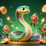 Experience the excitement of zbet with a vibrant 3D casino scene featuring a serpent, monkey king, and cryptocurrency elements.