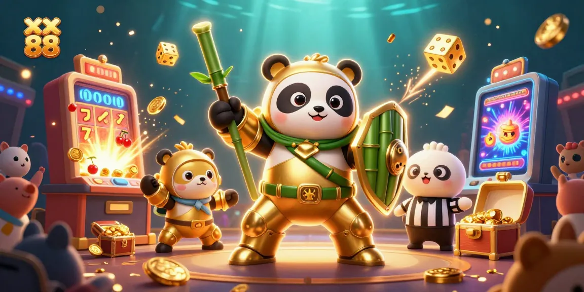 Experience exciting action with xx 88 as golden panda pilots a fighting robot surrounded by vibrant casino symbols and dynamic elements.