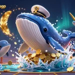 Engaging pengeluaran sgp visual with a 3D whale, narwhal, and dolphins amidst coins and casino elements.
