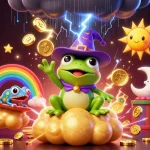 Play exciting games at ko6689 while witnessing a whimsical scene of frogs and chameleons amidst golden coins.