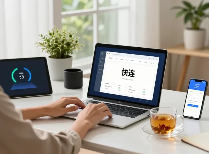 使用快连网络优化软件的用户在现代家办环境中，展示跨平台支持和便捷体验。