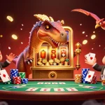 rr88c lively pachycephalosaurus celebrating a jackpot at a casino, surrounded by flying coins and poker chips