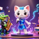 VIN88 showcases a vibrant casino scene with a jazz-singer cat, saxophone crocodile, and drum bear, engaging players.