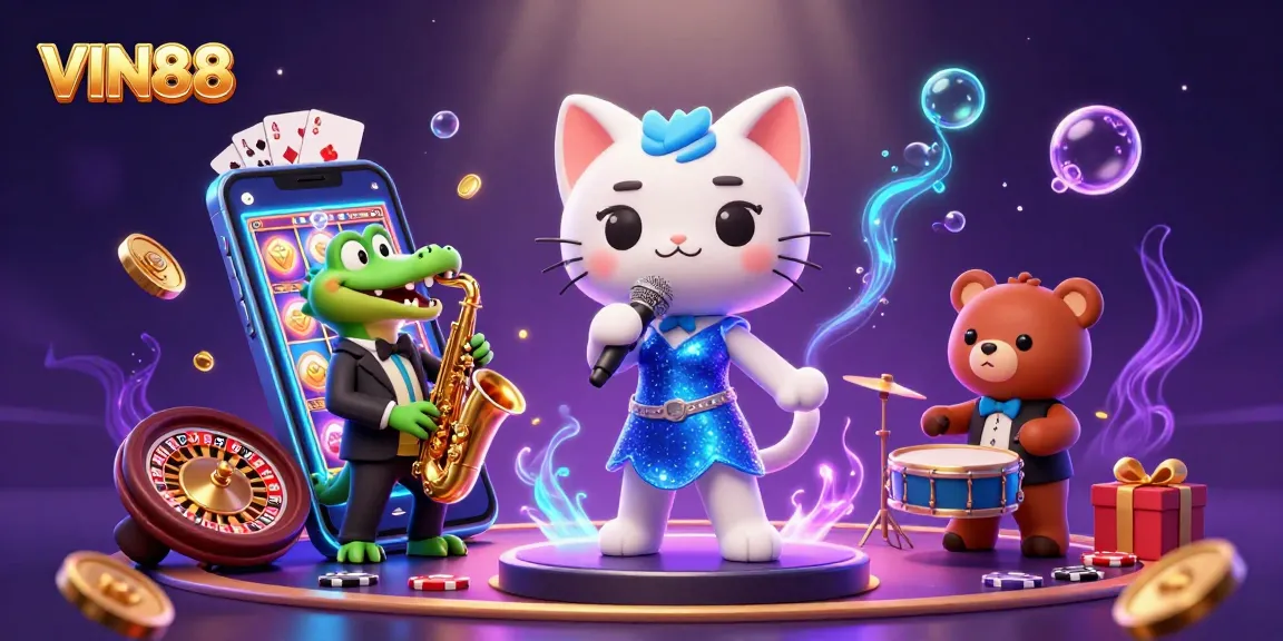 VIN88 showcases a vibrant casino scene with a jazz-singer cat, saxophone crocodile, and drum bear, engaging players.