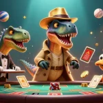 gg88a sa showcases a velociraptor card counter in disguise at blackjack, surrounded by vibrant gaming elements.