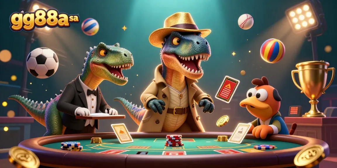 gg88a sa showcases a velociraptor card counter in disguise at blackjack, surrounded by vibrant gaming elements.
